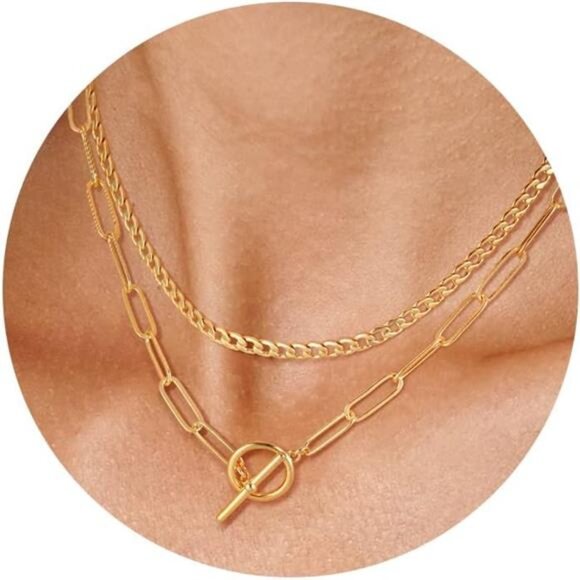 2-Layer Gold Cuban & Toggle Paperclip Necklace – Minimalist Layered Jewelry for - Picture 1 of 5